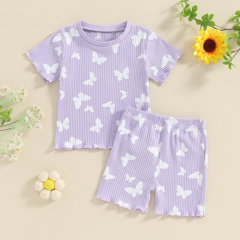 Toddler Baby Girl Summer Clothes Ruffle Ribbed Knit Short Sleeves T-Shirt Tops Shorts Cute Outfits Set