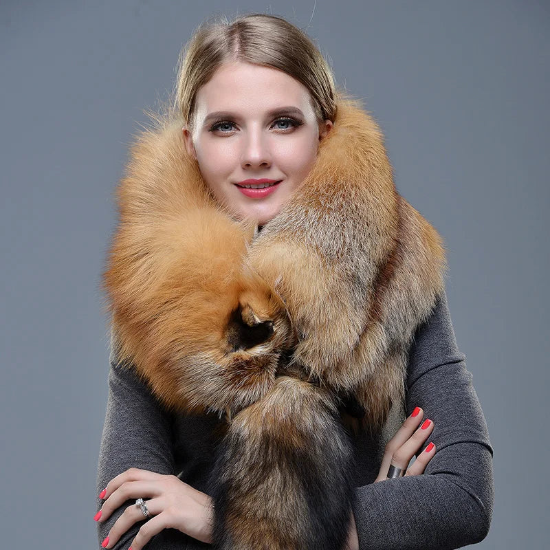 New Winter Large Real Fox Fur Collar Natural Fur Coat Scarves Luxury Women Men Jackets Hood Shawl Decor Female Neck Scarf Wraps