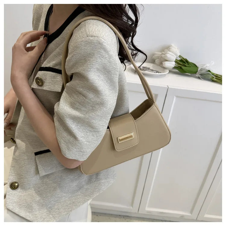 Minimalist Shoulder Bag for Women Simple Solid Color Underarm Bag Women's Buckle Handbag and Purse Fashion Small Top-handle Bags