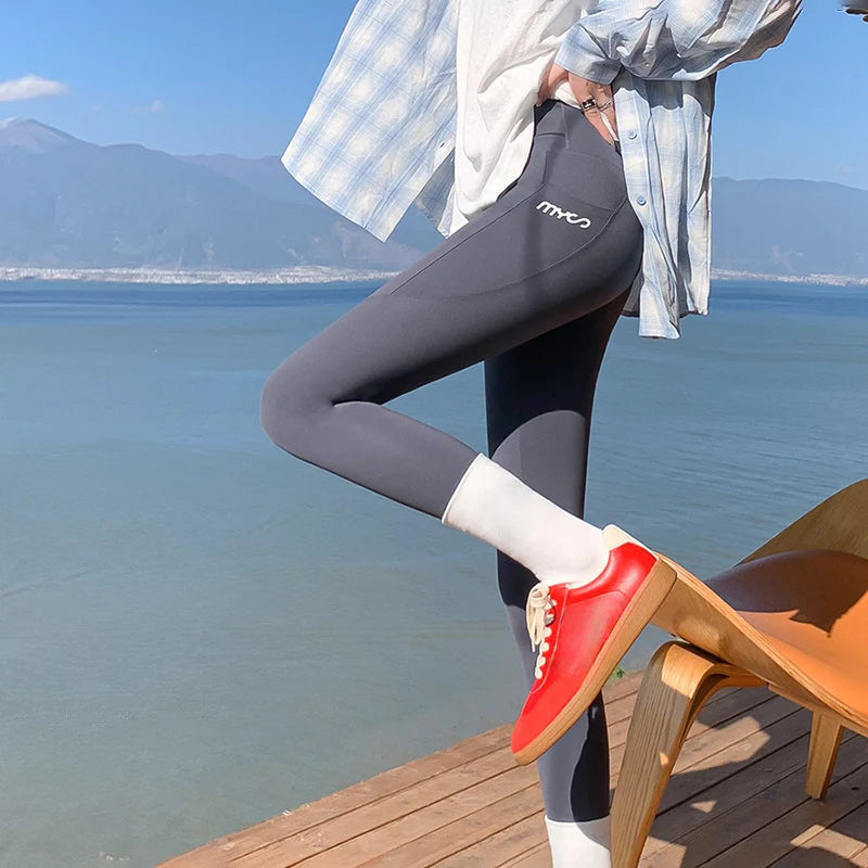 Spring Autumn Thin Sharkskin Leggings Women Side Pocket Hiking Cycling Sports Leggings Woman Naked Feeling Stretch Leggings Lady