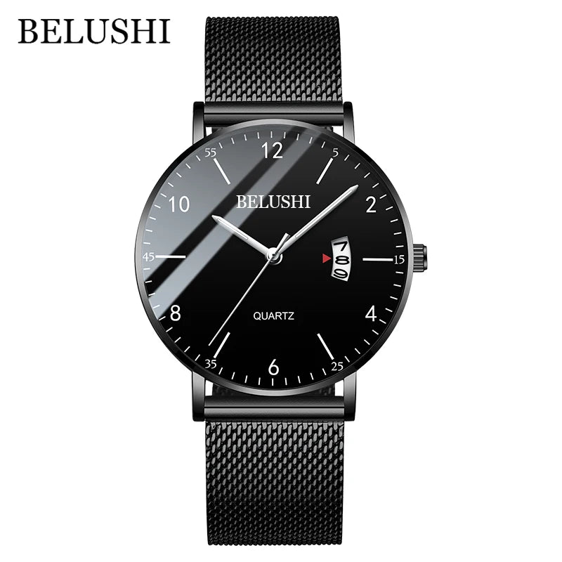 BELUSHI Men's Watch Top Brand Luxury Analog Clock Waterproof Stainless Steel Mesh Belt Quartz Wristwatch Men Relogio Masculino