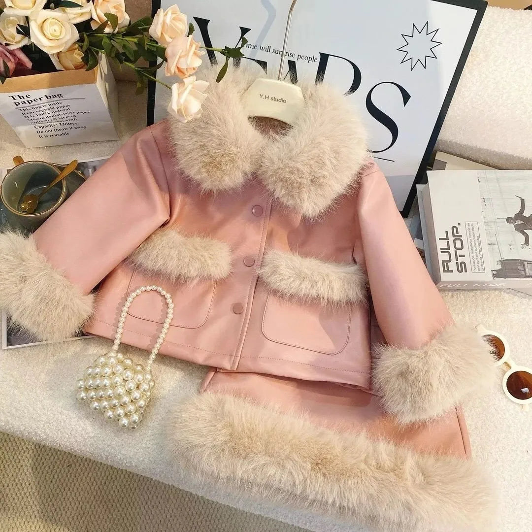 Girls' Clothing Set Autumn/Winter Children's Plush Thick PU Coat+Half Skirt 2-piece Set New Year's Wear
