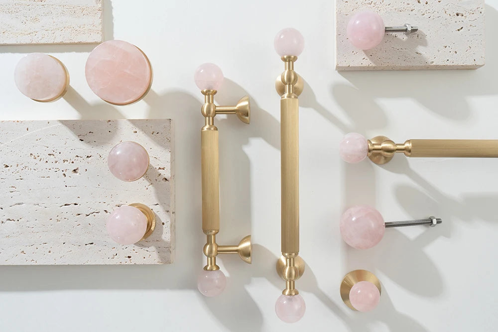 Pink Rose Quartz + Brass Cabinet Pulls,Natural Crystal Ball Knobs for Kitchen Cupboard Dresser Wardrobe, Gold Furniture Hardware
