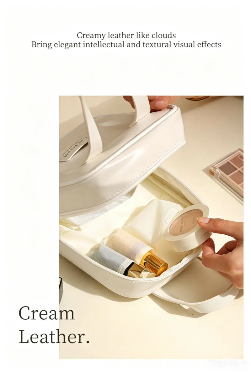 Cream Style PU Makeup Bag Portable Handheld Large Capacity Waterproof Cosmetic Organizer Bag Travel Women Beauty Storage Bag