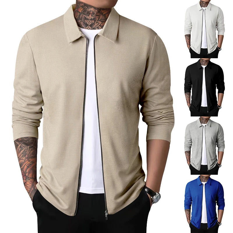 Spring and autumn new men's Sportswear, zippered long sleeved polo shirt+polyester fiber, solid checkered