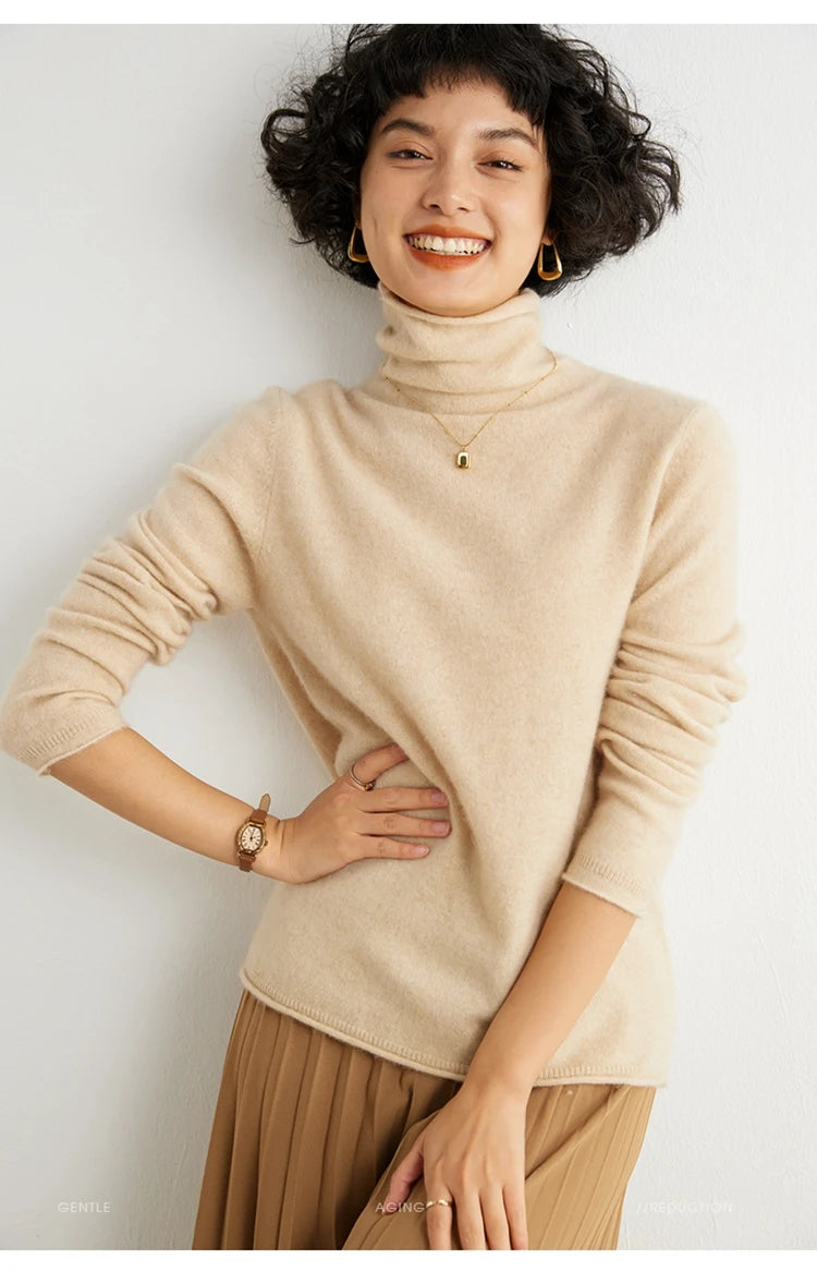 Women's 100% Cashmere Sweater Casual Solid Color Knitted Pullover Loose High Neck Jumper Autumn/Winter Warm Blouse Tops