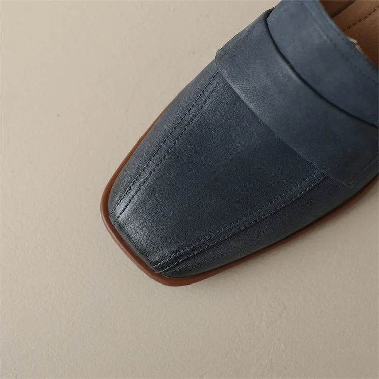 2024 Spring New GENUINE LEATHER Women Shoes LEISURE Women Slip-On Shallow Pumps Square Toe Heels Shoes Women Zapatos De Mujer
