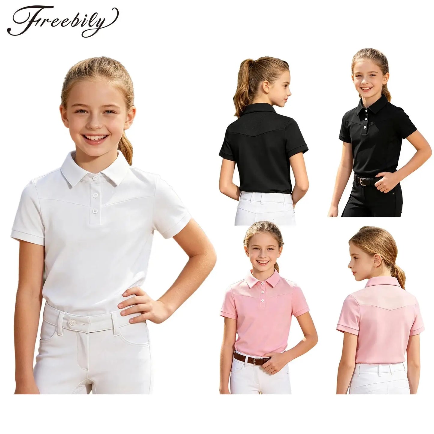 Kids Girls Horse Riding Shirts Short Sleeve Turn Down Collar Buttons T-shirt Closure Design Equestrian Costumes Sports Tops