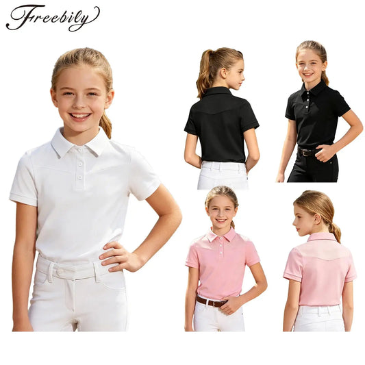 Kids Girls Horse Riding Shirts Short Sleeve Turn Down Collar Buttons T-shirt Closure Design Equestrian Costumes Sports Tops