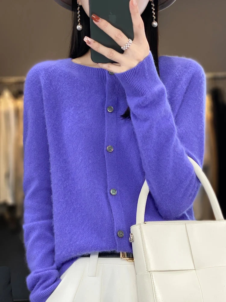 Women Cashmere Sweater 100% Merino Wool Knitted Cardigan Autumn Winter  Knitwear O-Neck Female  Solid Color Casual Fashion Top