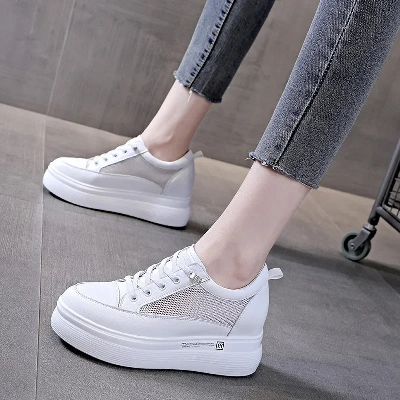 7cm Women Shoes Genuine Leather White Air Mesh Sneakers Chunky Shoes Platform Wedge Spring Autumn Breathable Summer Shoes 40
