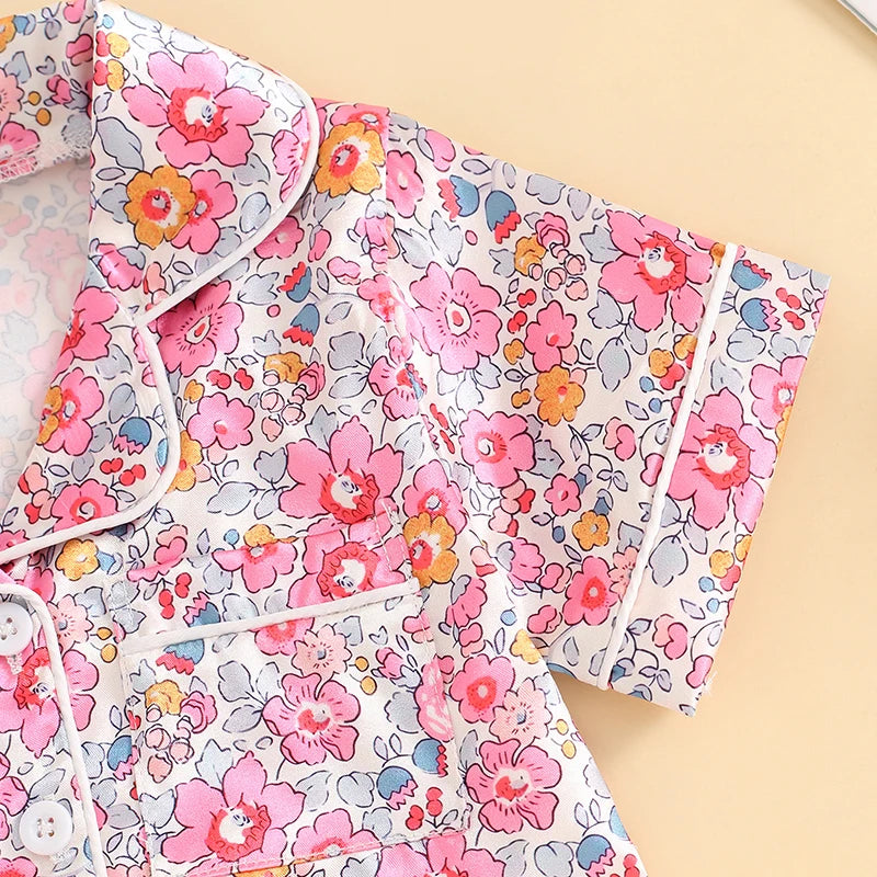 Conjunto de pijama floral para niña pequeña, camisa con botones de manga corta y pantalones cortos, 2 piezas, ropa de estar por casa para niños