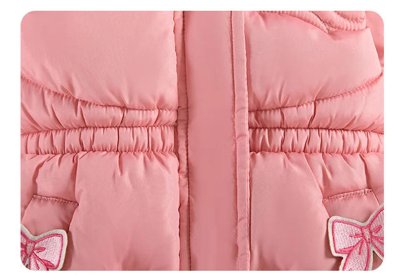 2025 Winter New Girls Jacket Long Solid Color Lining Berber Fleece Thick Warm Hooded Parka For 4-10Y Girls Bow Fashion Snowsuit