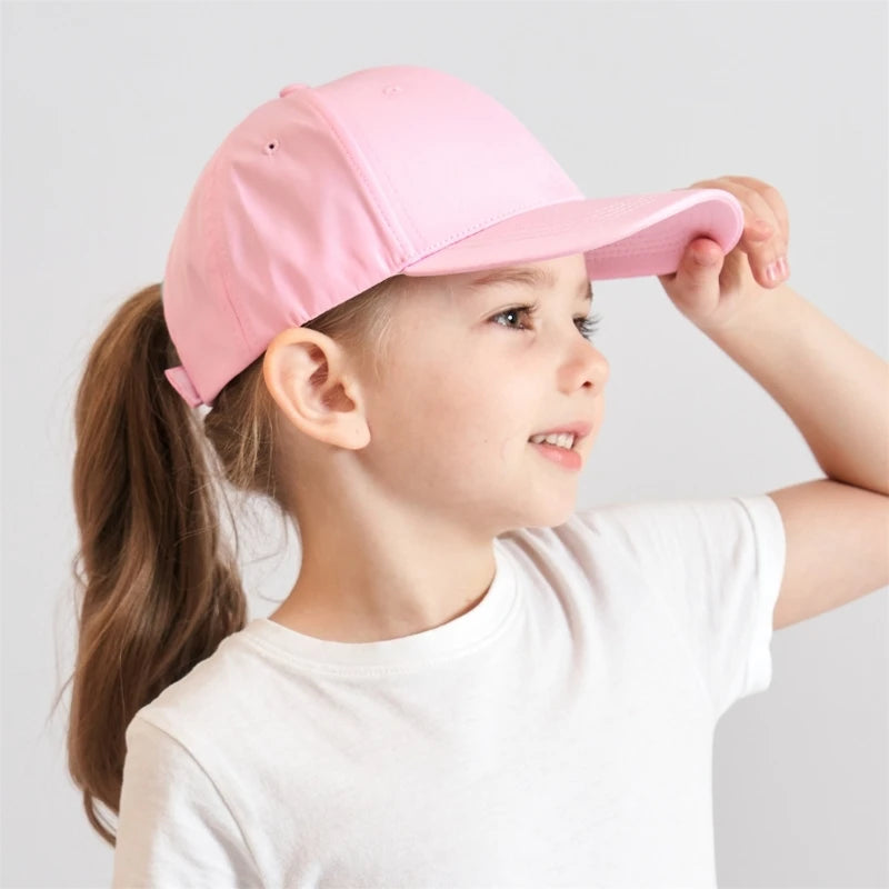 Sombrero para el sol para niños, béisbol de ala ancha con agujero para cola de caballo, gorra de pico a prueba de sol para niñas pequeñas, gorro de caballo de moño alto 3-6T