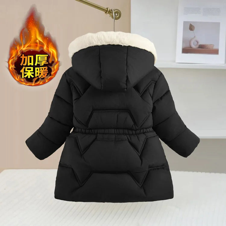 2025 Winter New Girls Jacket Long Solid Color Lining Berber Fleece Thick Warm Hooded Parka For 4-10Y Girls Bow Fashion Snowsuit