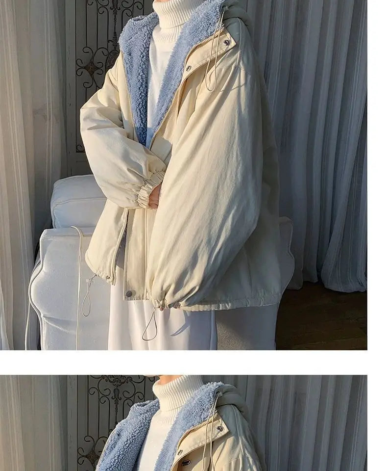 Lamb wool Jacket Women's 2025 Autumn winter New Korean version Loose Workwear Student cotton Jackets Female Hooded Warm Coat