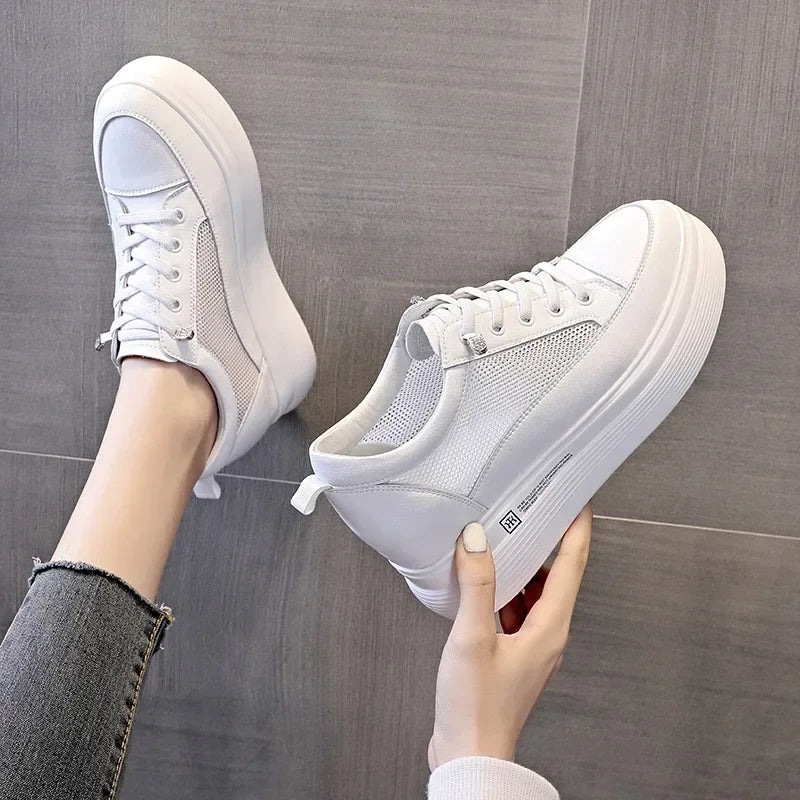 7cm Women Shoes Genuine Leather White Air Mesh Sneakers Chunky Shoes Platform Wedge Spring Autumn Breathable Summer Shoes 40