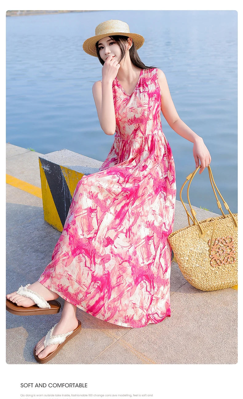 Spring Summer Dresses Fashion Female Sleeveless printed Casual Dress Women A-line Dresses Vestidos