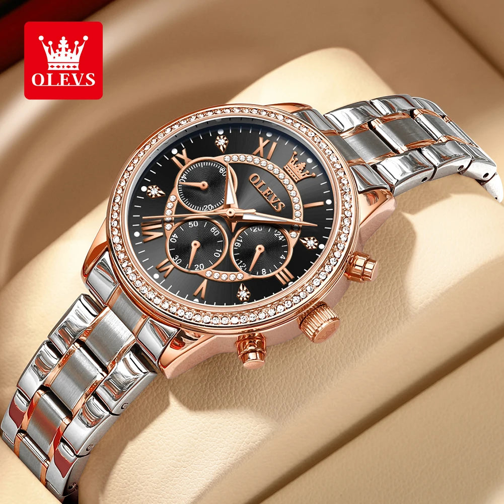 OLEVS Women's Watches Top Brand Luxury Original Quartz Watch for Ladies Chronograph Waterproof Luminous Rhinestone Dial 24 Hour