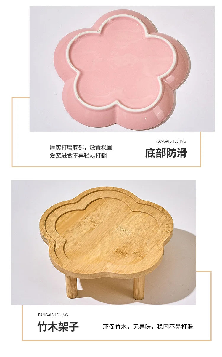 High Aesthetic Ceramic Pet Bowl with Wood Stand, Shallow Dish for Cat Snacks, Cute Bow Knot Pattern, Cat Food Dish,Home Kitchen