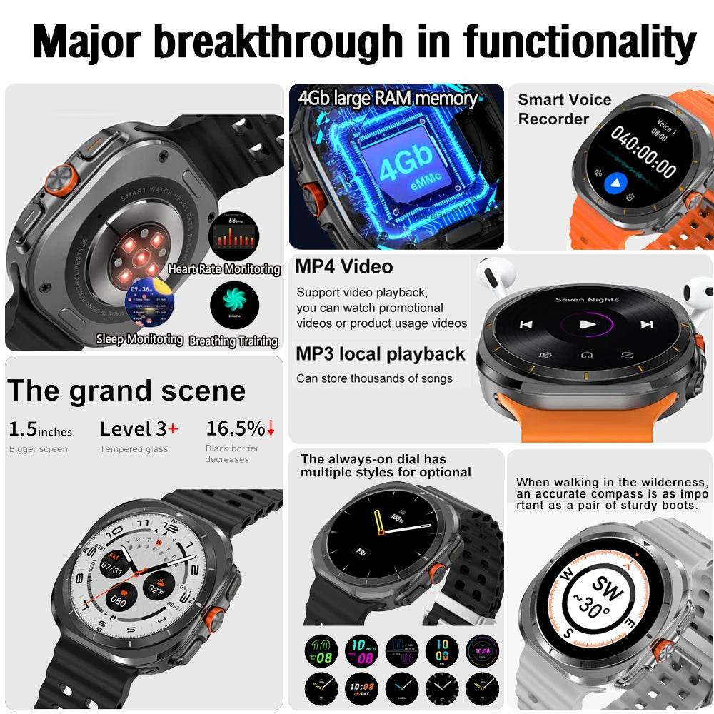 For Galaxy Watch 7 Ultra Smart Watch Men Compass 4GB RAM MP4 Video Player Heart Rate Watches Outdoor Sports BT Call Smartwatch