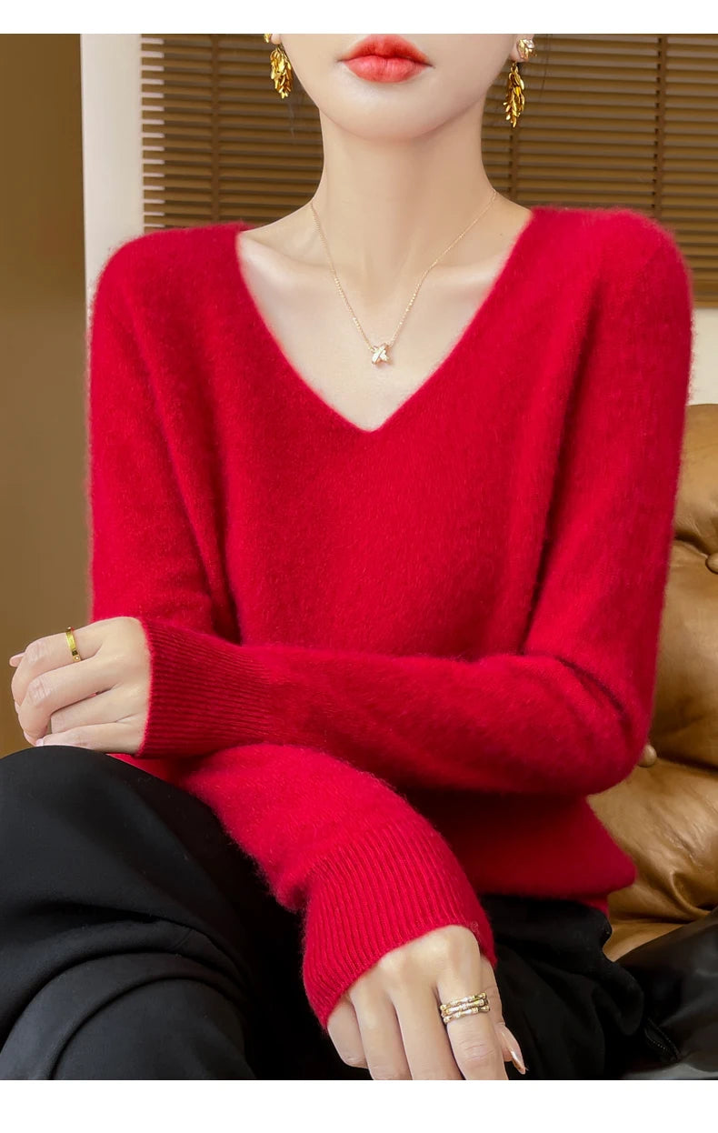 Fashion Pullover 100% Merino Wool Women Sweater V-Neck Long Sleeve Basic Jumper Spring Autumn Winter Clothing Knitwear Tops