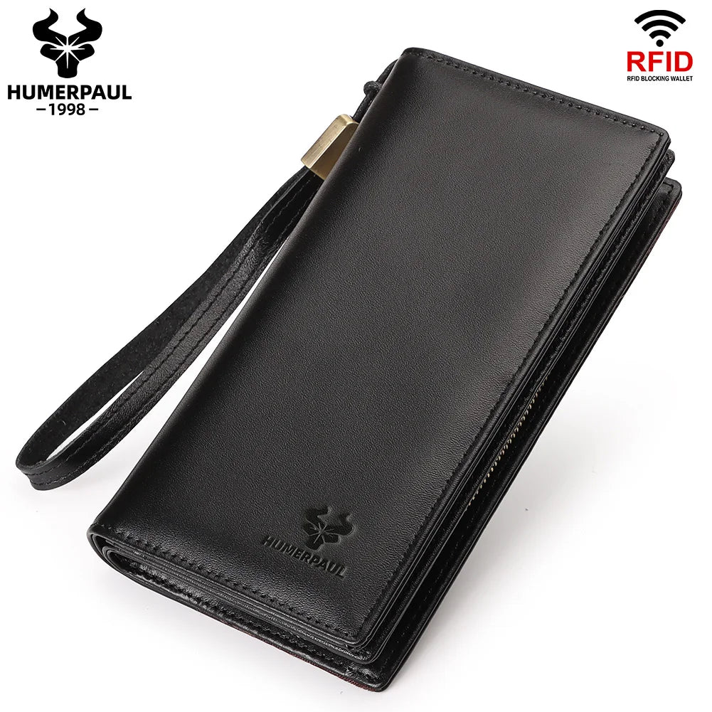 HUMERPAUL Full Grain Leather Wallet for Men Long Clutch with Cell Phone Pocket Multifunctional RFID Credit Card Holder Handbags