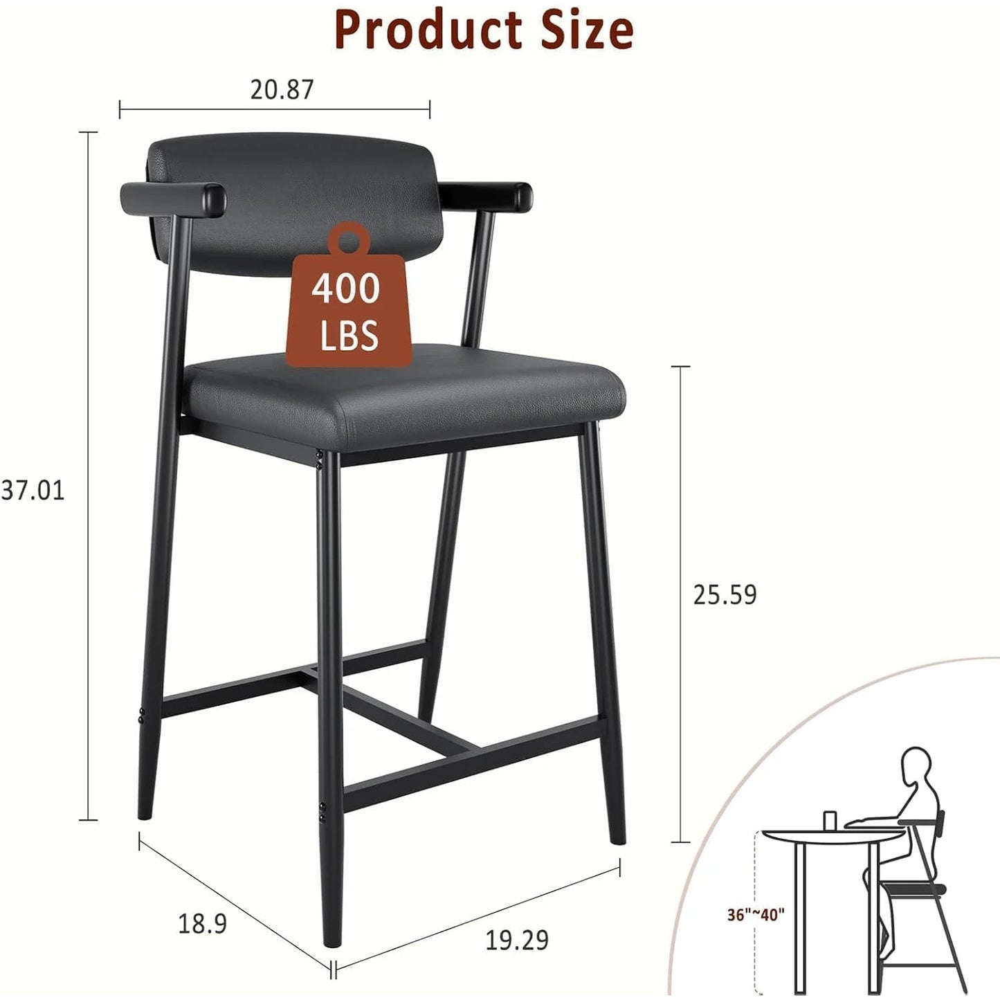 2PCS Modern Bar Stools Set with Back & Upholstered Wider Seat, Metal Bar Stools with Footrest for Kitchen Island Easy Assembly
