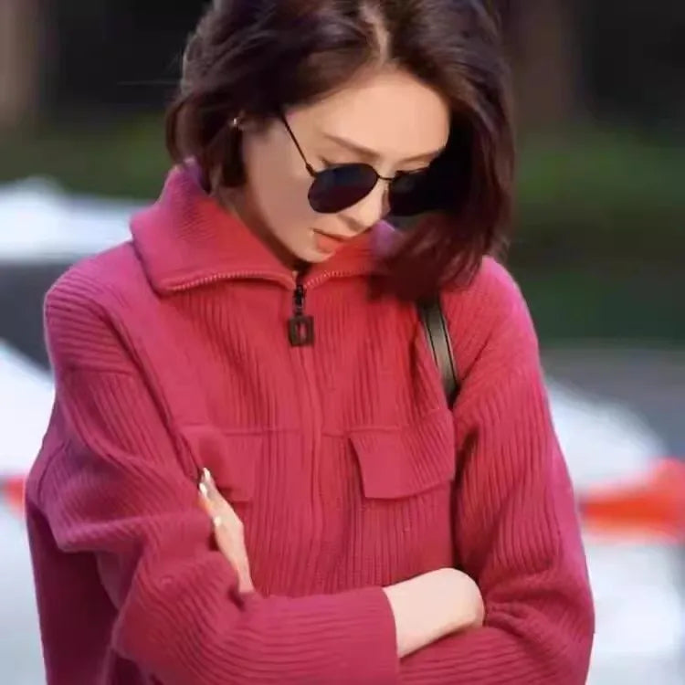 New 100% pure cashmere cardigan in autumn and winter women's POLO collar cashmere rose red coat knitted hooded sweater