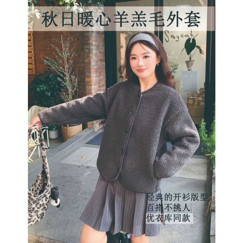Round Neck Imitation Cashmere Jacket for Women Autumn Winter New Polar Fleece Casual Cardigan Long-sleeved Loose Top