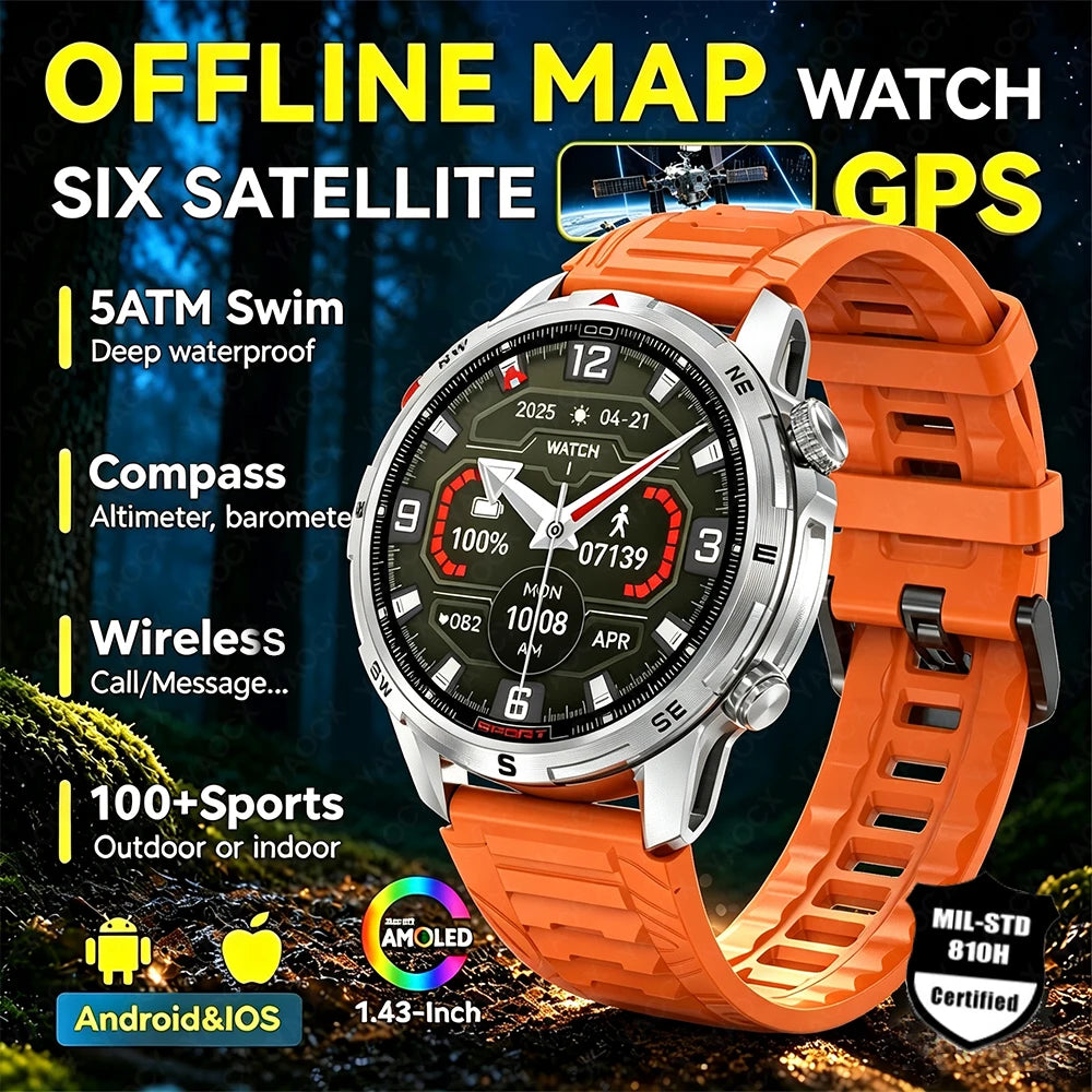 New Outdoor Smart Watch 1.43inch Screen 2GB Memory Map Navigation GPS Positioning 5ATM Waterproof LED Flashlight Smart Watch