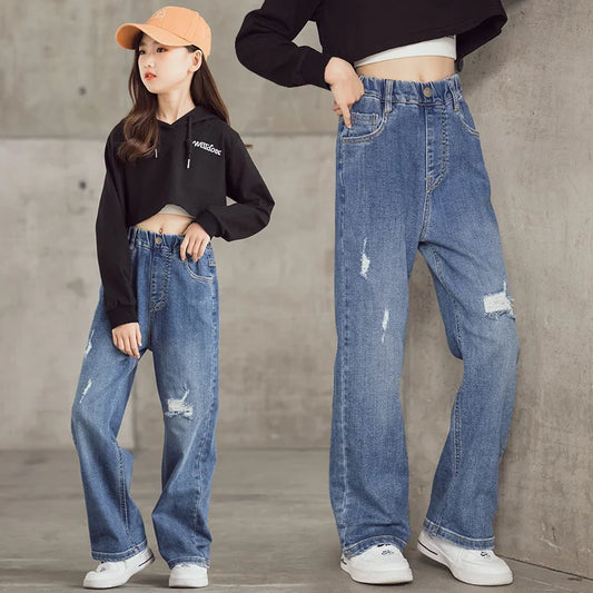 2024 Spring Summer Jeans Teenage Fashion Wide Leg Pants Baby Girls Casual Style Trousers Children Loose Comfortable Blue Pants