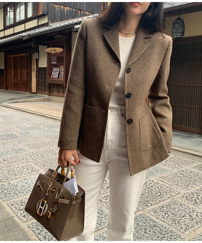 50 Wool Women Notched Collar Blazer Jacket Coat Fall Winter Thick Warm Overcoat Pocket Fashion Slim Waist Buttons Coat 2024 New