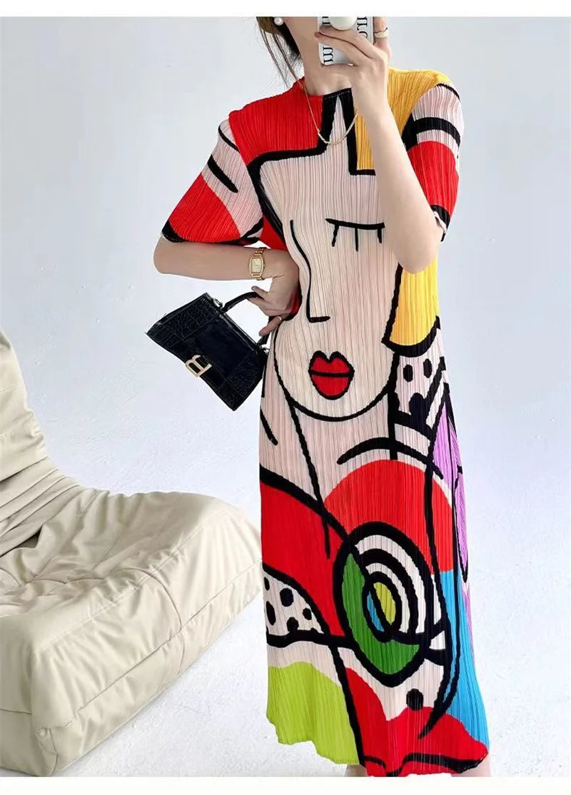 Long Dresses Womens Dresses Spring and Summer new Cartoon Printing Short Sleeve Temperament Fashion Loose Long Dress Female