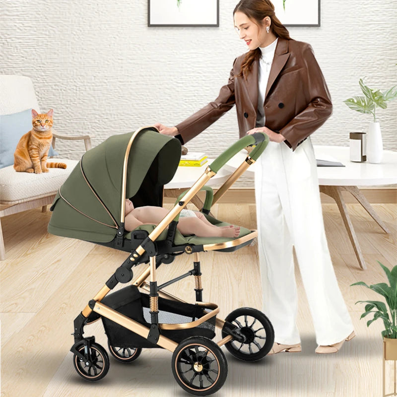 High View Two-way Stroller Eggshell Sleeping Basket Can Sit or Lie Down Lightweight Four Wheel Stroller Luxury Trolley Pushchai