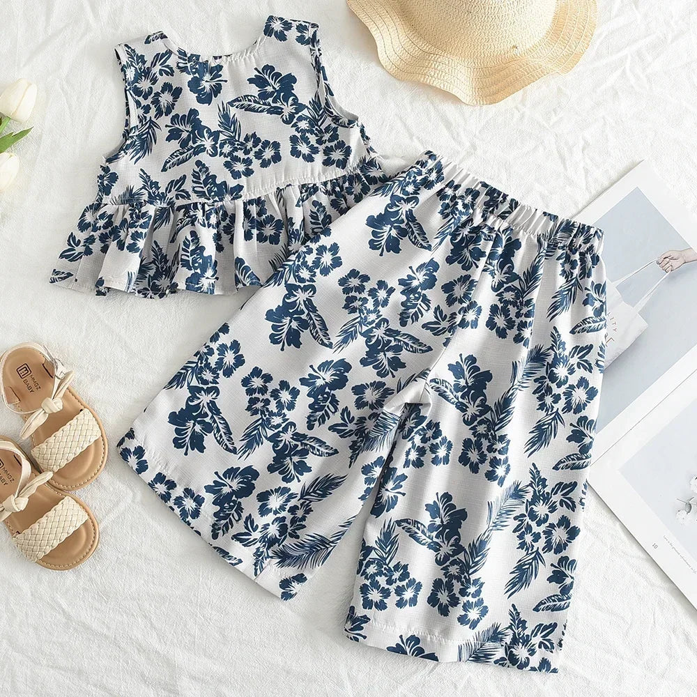 Bear Leader Girls Netflix Tops Wide-legged Pants Set Summer 2026 New Fashion Temperament Retro Floral Two-piece Girls Clothing
