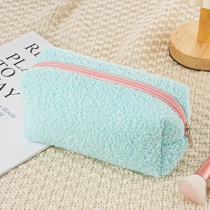 Cute Plush Makeup Bag For Women Portable Travel Small Cosmetic Bags Solid Color Zipper Toiletry Bag Washing Pouch Storage Bags