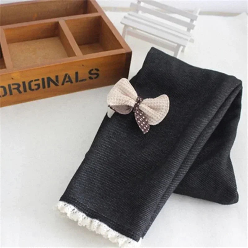 Girls Jean Pants Autumn Winter Warm Children Leggings Thicken Velvet Bowknot Kids Trousers Baby Girl Pants Icing Leggings
