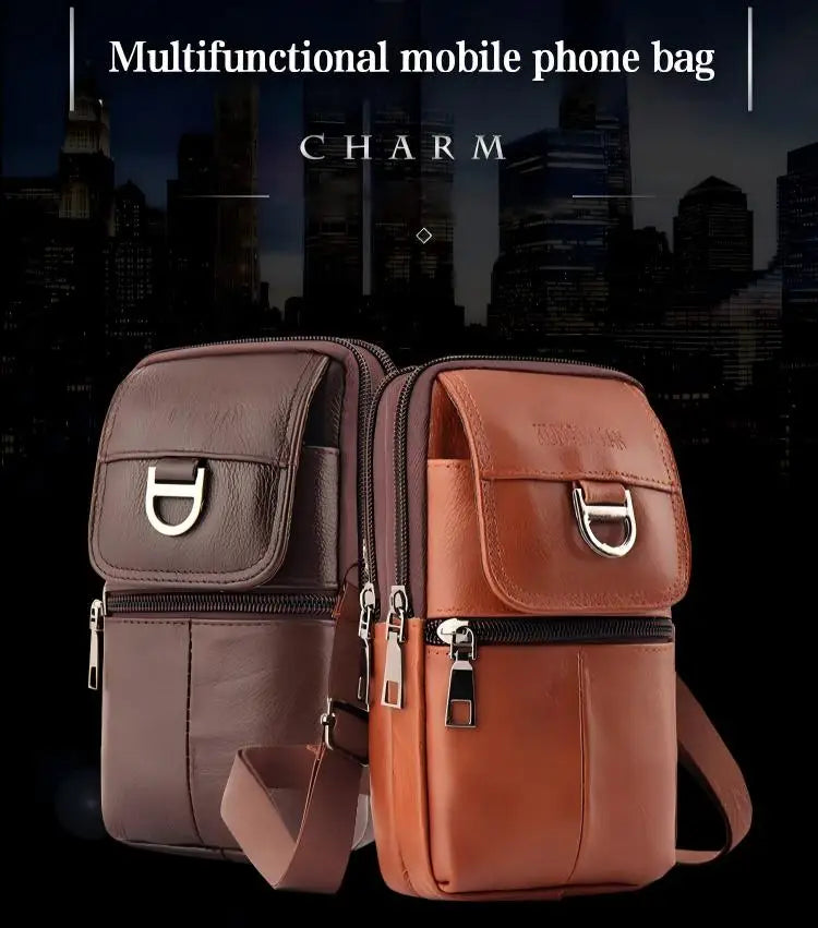 Men's Leather Waist Bag - Large Capacity Mobile Phone Belt Bag - Outdoor Work Backpack, Sports Hiking Bag Portable Crossbody Bag