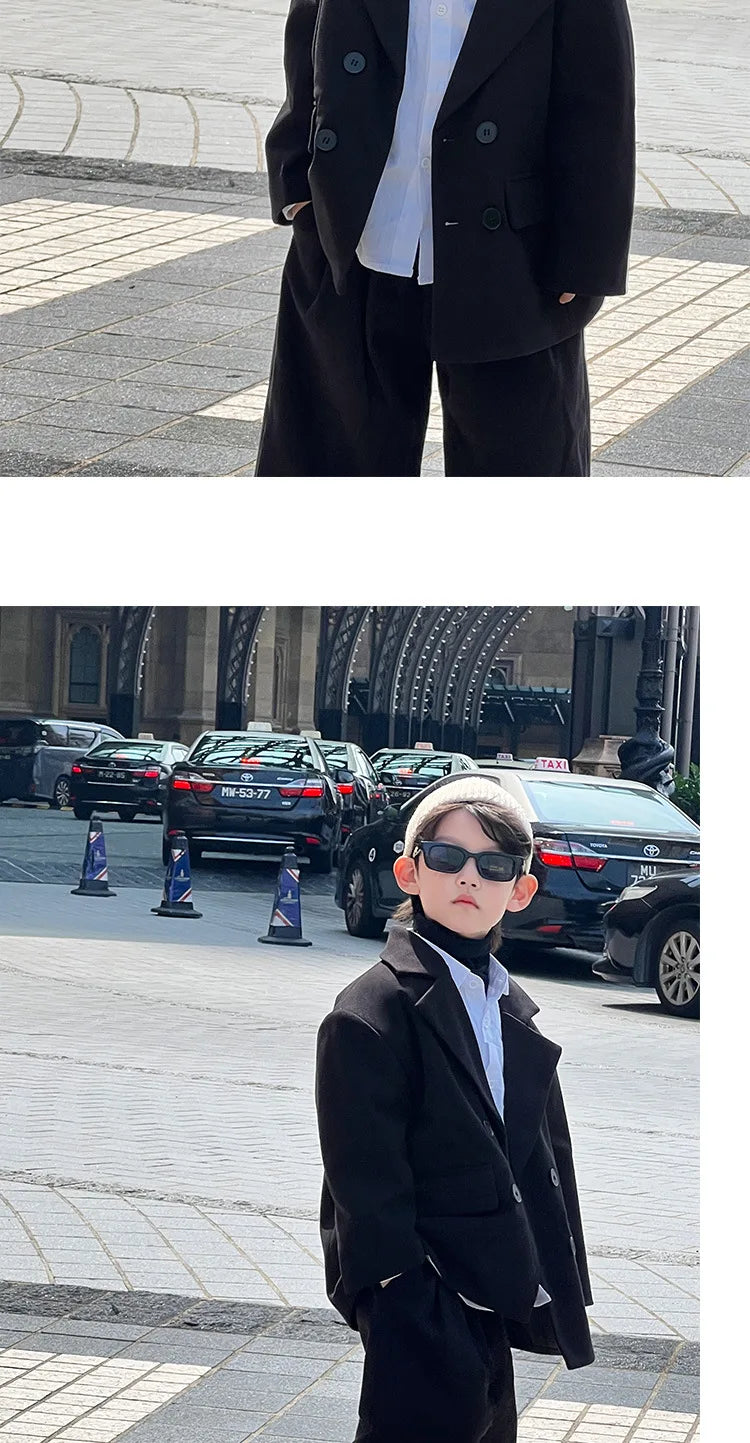 Boys Woolen Suit Set Autumn Winter Thicken Warm Casual Blazers Trousers Two-piece Children White Wedding Outfits 2 To 12 Years