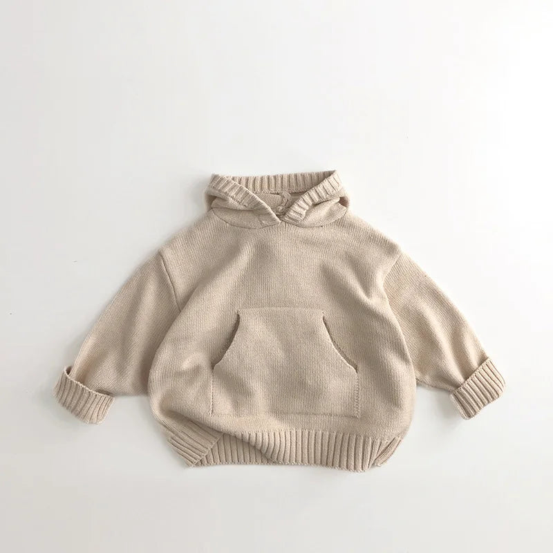 Bolsillo frontal de punto fino para niños y niñas, suéteres con capucha, Jersey de punto, estilo suelto, abrigo de punto con capucha para niña pequeña