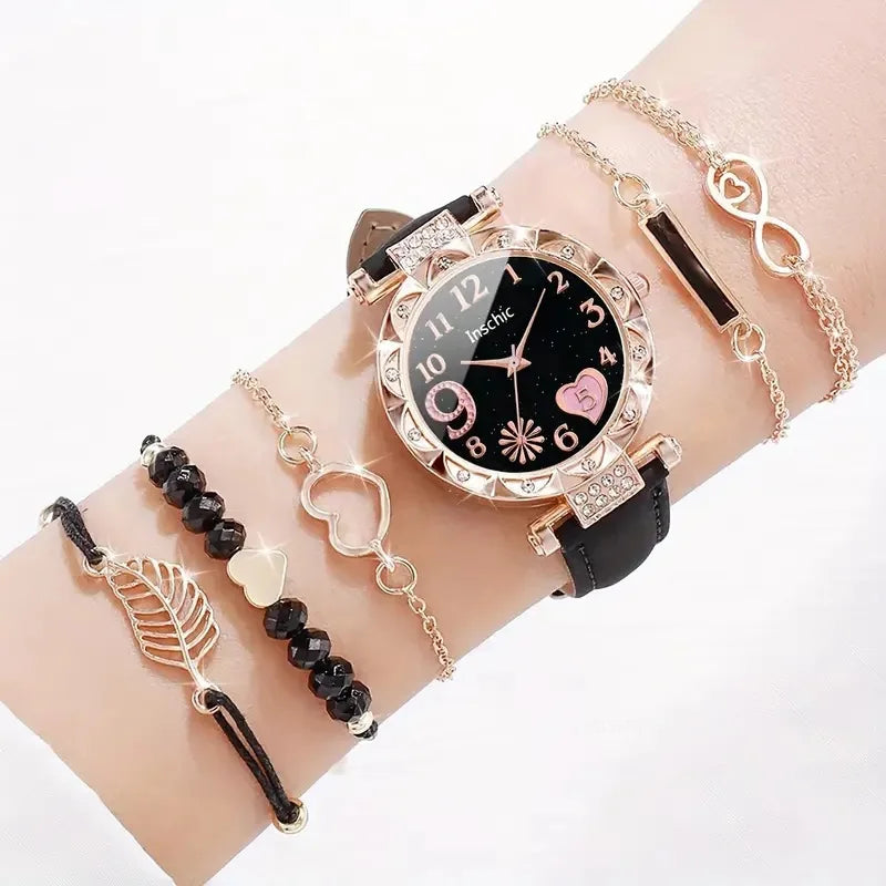 6PCS Set Watch for Women Luxury Leather Analog Ladies Quartz Wrist Watch Fashion Bracelet Watch Set Female Relogio Feminino Gift
