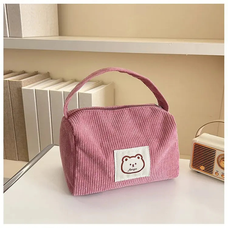 Bear Large Makeup Bag for Women Corduroy Cosmetic bag Make up Bags Zipper Pouch with handle Cosmetic Organizer Toiletry Bag