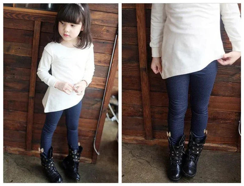 Girls Jean Pants Autumn Winter Warm Children Leggings Thicken Velvet Bowknot Kids Trousers Baby Girl Pants Icing Leggings