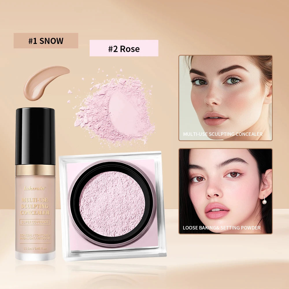 2pcs Face Makeup Set With Concealer And Loose Setting Powder Natural Face Smooth Matte Finish Women Cosmetics Korean Makeup