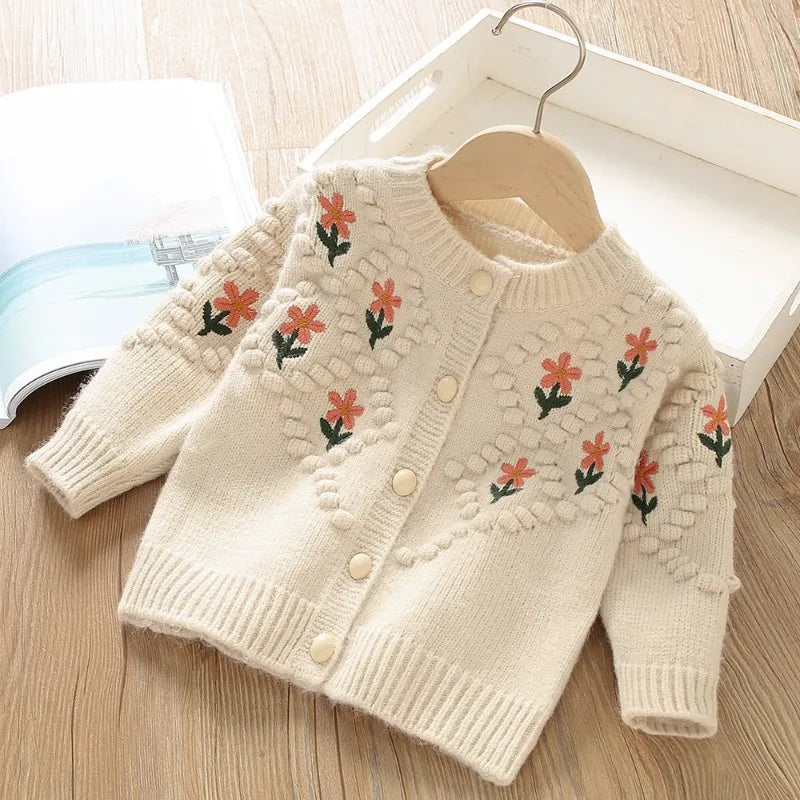 Ropa de otoño para niña, suéteres con flores dulces para niño, cárdigan de punto bordado, ropa de abrigo cálida para niño, ropa coreana para niña bebé