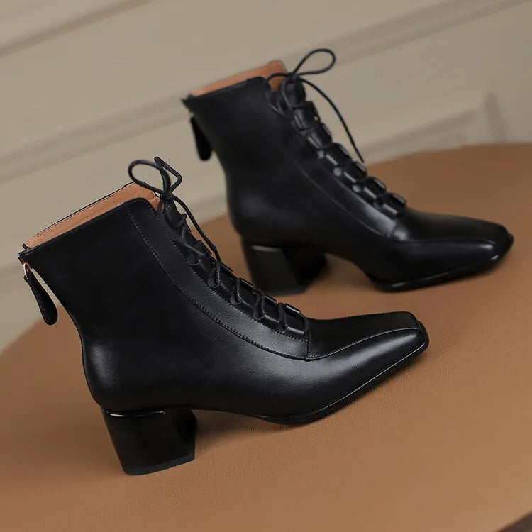 2022 Autumn Women Boots Square Toe Back Zipper Women Shoes Chunky Heels Shoes for Women High Heel Boots Vintage Leather Shoes