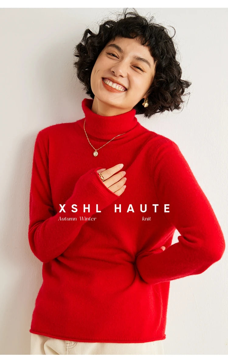 Women's 100% Cashmere Sweater Casual Solid Color Knitted Pullover Loose High Neck Jumper Autumn/Winter Warm Blouse Tops