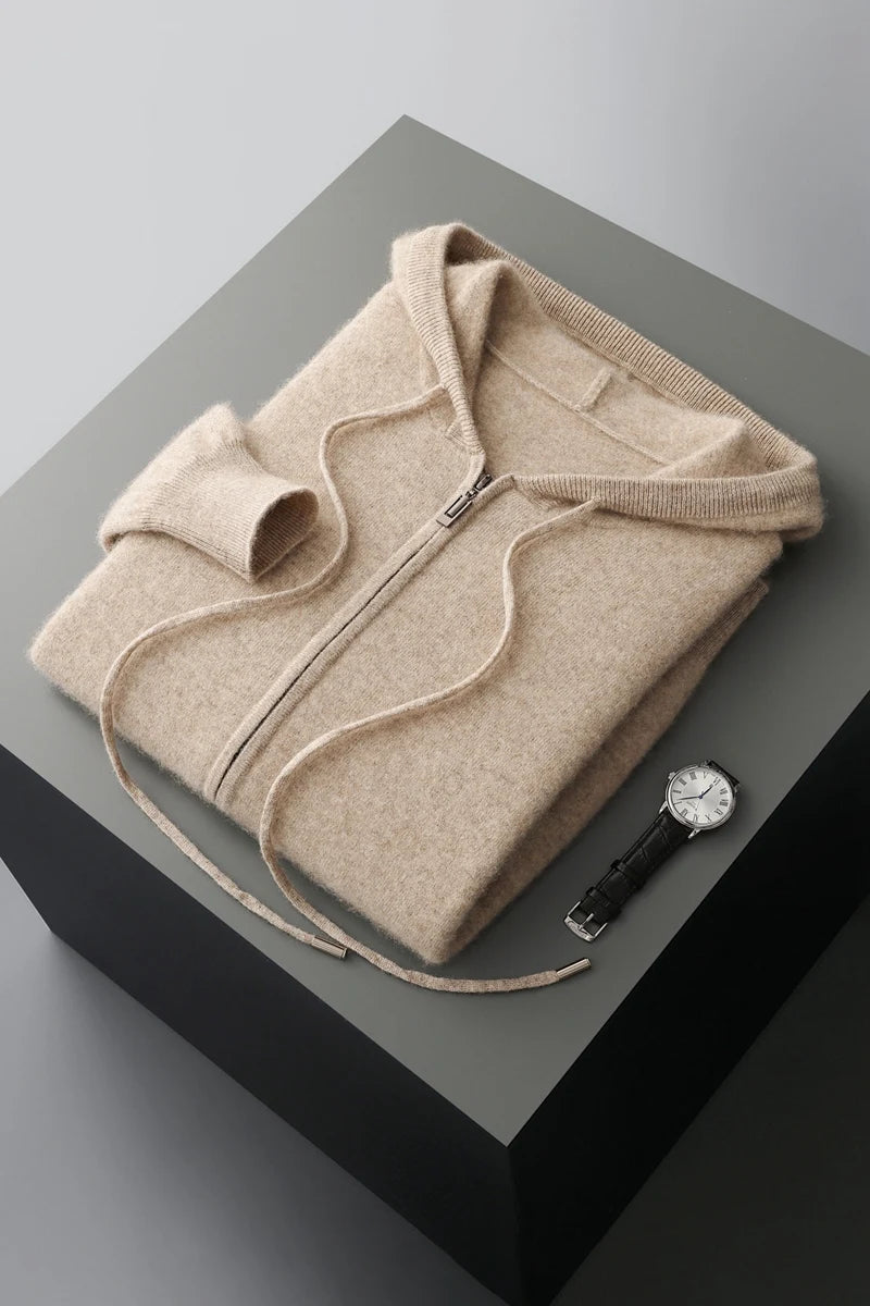2025 New Men Knitted Plane Hooded Cardigan Cashmere Sweater Zipper Design Pocket Decoration High quality Thick Warmth Hoodie
