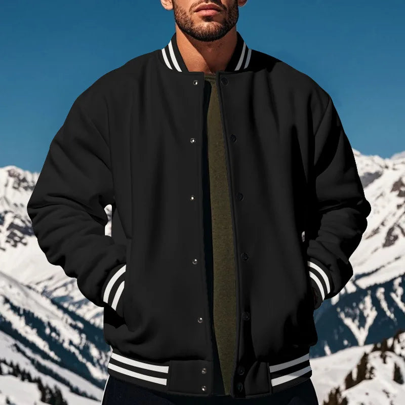Men's baseball jacket autumn and winter fleece American solid color loose casual stand-up collar single-breasted flight jacket